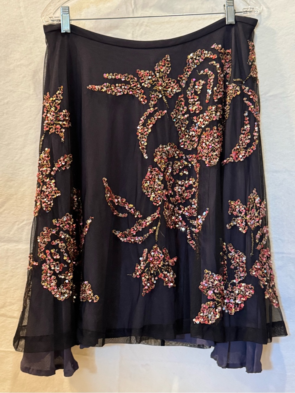 French connection Embellished Black Floral Sequin A-Line Skirt Size 8